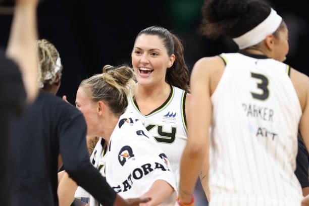 Stefanie Dolson of the Chicago Sky smiles after the game against the Minnesota Lynx during the 2021 WNBA Playoffs on September 26, 2021 at Target...