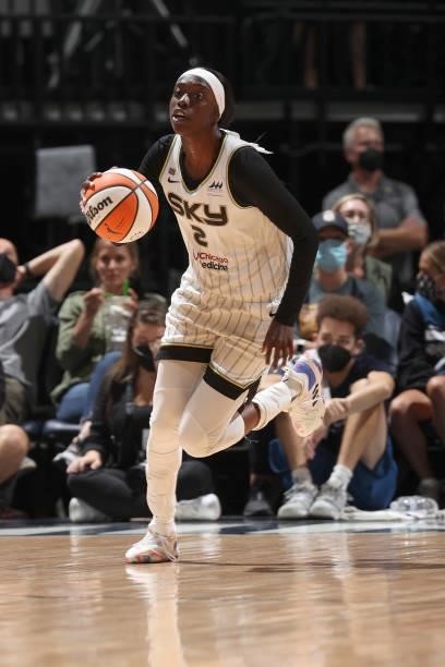 Kahleah Copper of the Chicago Sky dribbles the ball during the game against the Minnesota Lynx during the 2021 WNBA Playoffs on September 26, 2021 at...