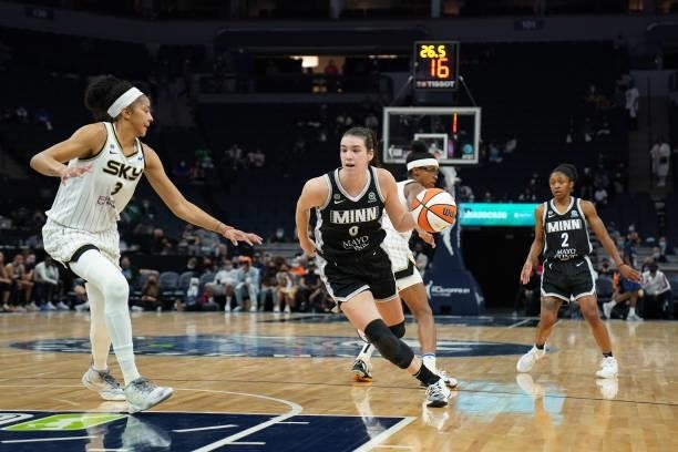 Bridget Carleton of the Minnesota Lynx drives to the basket during the game against the Chicago Sky during the 2021 WNBA Playoffs on September 26,...
