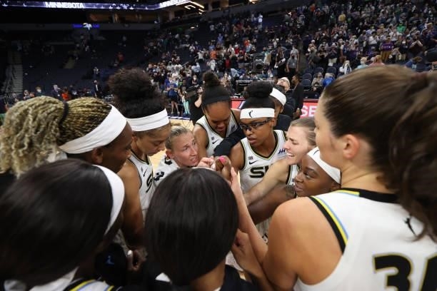The Chicago Sky huddle up after the game against the Minnesota Lynx during the 2021 WNBA Playoffs on September 26, 2021 at Target Center in...