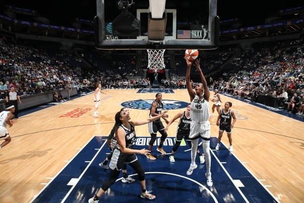 Astou Ndour-Fall of the Chicago Sky drives to the basket during the game against the Minnesota Lynx during the 2021 WNBA Playoffs on September 26,...