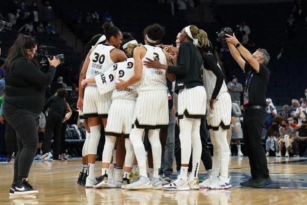 Chicago Sky players huddle up after eliminating the Minnesota Lynx during the 2021 WNBA Playoffs on September 26, 2021 at Target Center in...