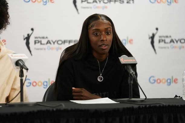 Kahleah Copper of the Chicago Sky talks to the media after the game against the Minnesota Lynx during the 2021 WNBA Playoffs on September 26, 2021 at...