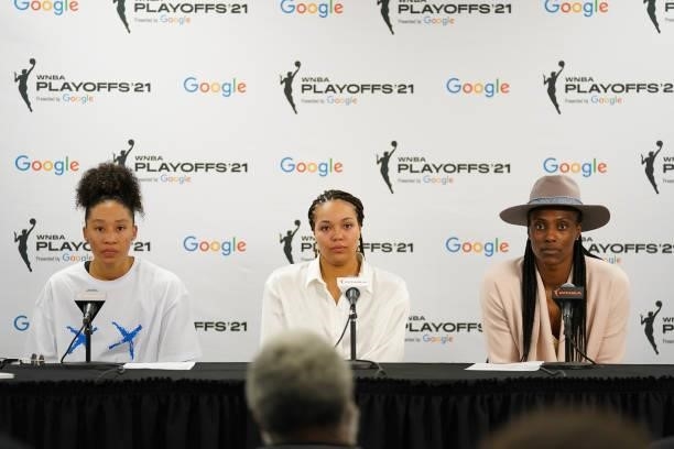 Aerial Powers, Napheesa Collier and Sylvia Fowles of the Minnesota Lynx talks to the media after the game against the Chicago Sky during the 2021...