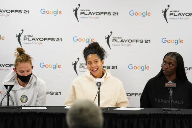 Candace Parker of the Chicago Sky talks to the media after the game against the Minnesota Lynx during the 2021 WNBA Playoffs on September 26, 2021 at...