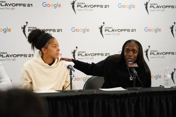 Kahleah Copper of the Chicago Sky talks to the media after the game against the Minnesota Lynx during the 2021 WNBA Playoffs on September 26, 2021 at...