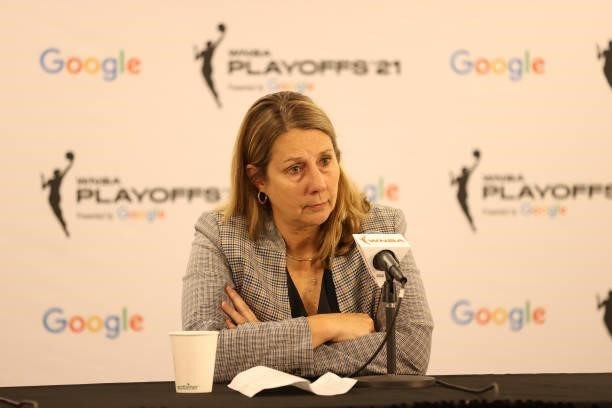 Head Coach Cheryl Reeve of the Minnesota Lynx talks to the media after the game against the Chicago Sky during the 2021 WNBA Playoffs on September...