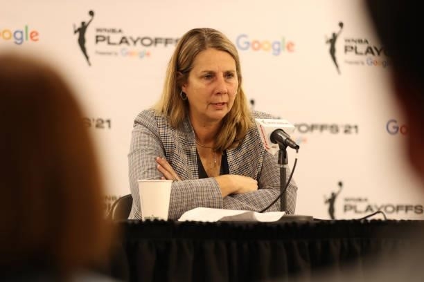 Head Coach Cheryl Reeve of the Minnesota Lynx talks to the media after the game against the Chicago Sky during the 2021 WNBA Playoffs on September...