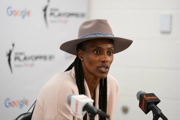 Sylvia Fowles of the Minnesota Lynx talks to the media after the game against the Chicago Sky during the 2021 WNBA Playoffs on September 26, 2021 at...