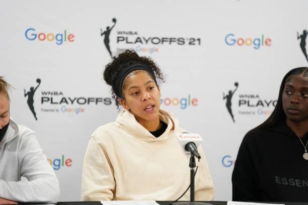 Candace Parker of the Chicago Sky talks to the media after the game against the Minnesota Lynx during the 2021 WNBA Playoffs on September 26, 2021 at...