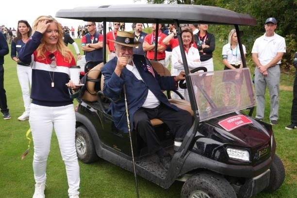 Honorary Chairman Herb Kohler sits in his golf cart after the United States victory in the 2020 Ryder Cup at Whistling Straits on September 26, 2021...