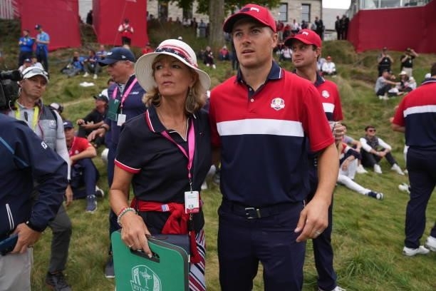Jordan Spieth of Team United States and his Mother share a moment after the United States victory in the 2020 Ryder Cup at Whistling Straits on...