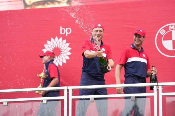 Justin Thomas of Team United States squirts champagne after their victory in the 2020 Ryder Cup at Whistling Straits on September 26, 2021 in Kohler,...