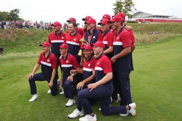 The United States Team poses for a group photo after their victory in the 2020 Ryder Cup at Whistling Straits on September 26, 2021 in Kohler,...