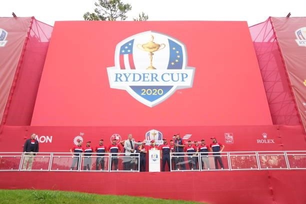 The United States Team prepares to receive the trophy after their victory in the 2020 Ryder Cup at Whistling Straits on September 26, 2021 in Kohler,...