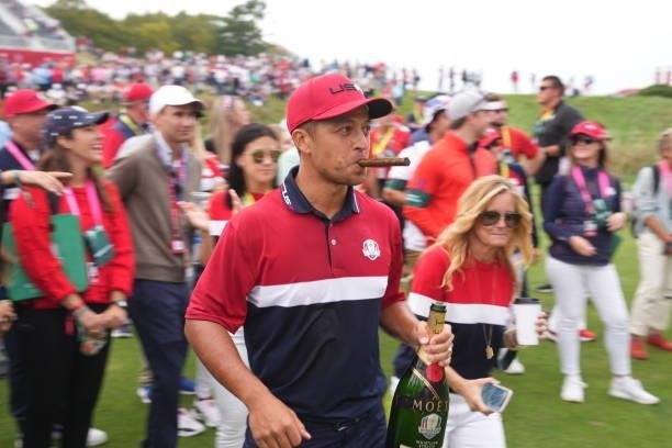 Xander Schauffele of Team United States celebrates the United States victory in the 2020 Ryder Cup at Whistling Straits on September 26, 2021 in...