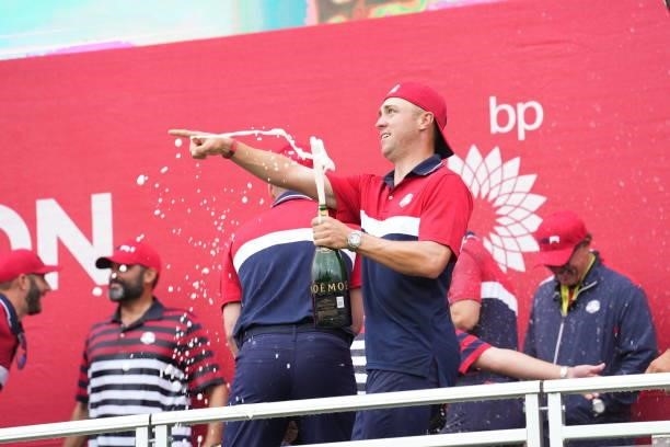 Justin Thomas of Team United States squirts champagne after their victory in the 2020 Ryder Cup at Whistling Straits on September 26, 2021 in Kohler,...