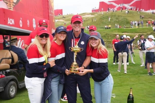 United States Captain Steve Stricker poses with his family for a photo after the United States victory in the 2020 Ryder Cup at Whistling Straits on...
