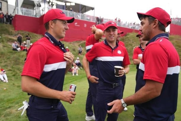 Jordan Spieth, L-R, Justin Thomas and Brooks Koepka all of Team United States celebrate after the United States victory in the 2020 Ryder Cup at...