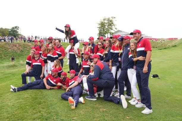 The United States Team poses for a group photo after their victory in the 2020 Ryder Cup at Whistling Straits on September 26, 2021 in Kohler,...