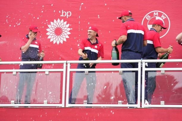 The United States Team squirts champagne after their victory in the 2020 Ryder Cup at Whistling Straits on September 26, 2021 in Kohler, Wisconsin.