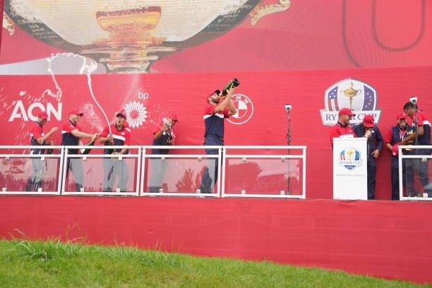 The United States Team squirts champagne after their victory in the 2020 Ryder Cup at Whistling Straits on September 26, 2021 in Kohler, Wisconsin.