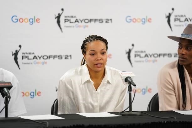 Napheesa Collier of the Minnesota Lynx talks to the media after the game against the Chicago Sky during the 2021 WNBA Playoffs on September 26, 2021...