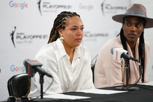 Napheesa Collier of the Minnesota Lynx talks to the media after the game against the Chicago Sky during the 2021 WNBA Playoffs on September 26, 2021...