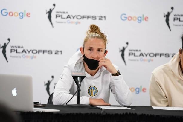 Courtney Vandersloot of the Chicago Sky talks to the media after the game against the Minnesota Lynx during the 2021 WNBA Playoffs on September 26,...