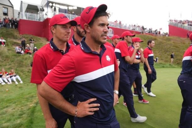Jordan Spieth, L-R, and Brooks Koepka of Team United States celebrate after the United States victory in the 2020 Ryder Cup at Whistling Straits on...