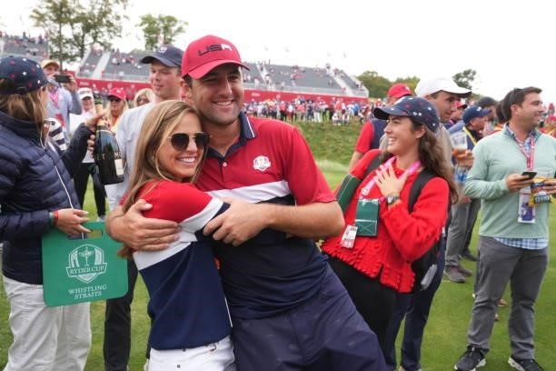 Scottie Scheffler of Team United States gets a hug after the United States victory in the 2020 Ryder Cup at Whistling Straits on September 26, 2021...