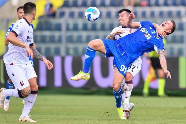Foul on Andrea Pinamonti during the Italian football Serie A match Empoli FC vs Bologna FC on September 26, 2021 at the Carlo Castellani stadium in...