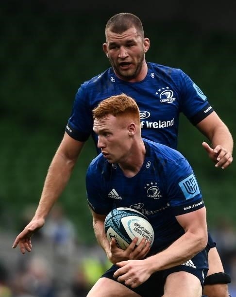 Dublin , Ireland - 25 September 2021; Ciarán Frawley of Leinster, front, and Ross Molony during the United Rugby Championship match between Leinster...