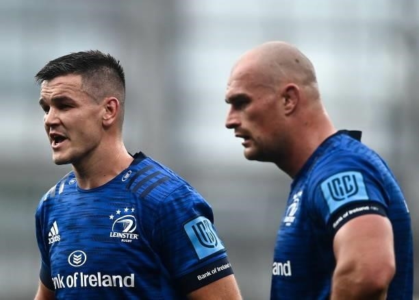 Dublin , Ireland - 25 September 2021; Jonathan Sexton of Leinster, left, and Rhys Ruddock during the United Rugby Championship match between Leinster...