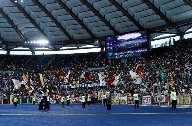 Supporters of AS Roma show a banner during the Serie A match between SS Lazio and AS Roma at Stadio Olimpico, Rome, Italy on 26 September 2021.