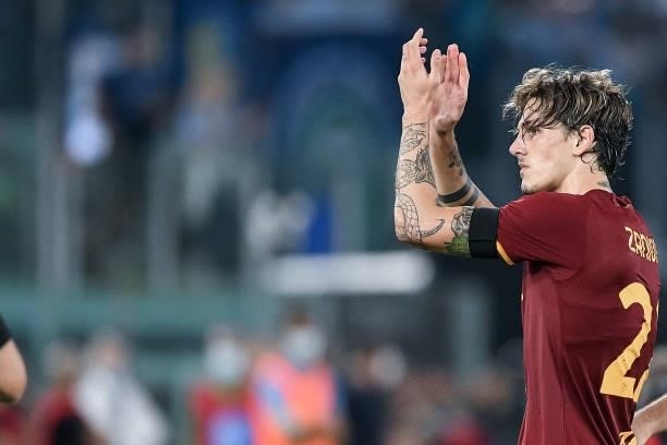Nicolo' Zaniolo of AS Roma greets his supporters during the Serie A match between SS Lazio and AS Roma at Stadio Olimpico, Rome, Italy on 26...