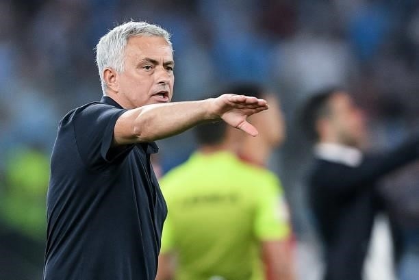 Jose Mourinho manager of AS Roma gestures during the Serie A match between SS Lazio and AS Roma at Stadio Olimpico, Rome, Italy on 26 September 2021.