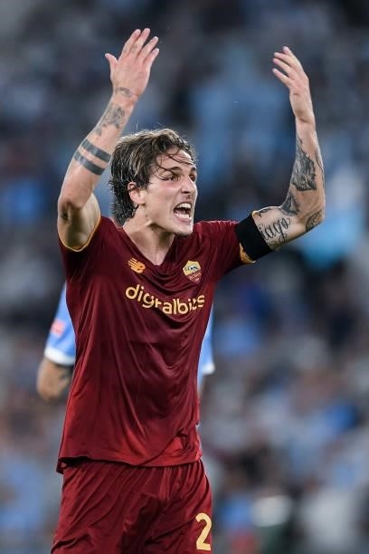 Nicolo' Zaniolo of AS Roma reacts during the Serie A match between SS Lazio and AS Roma at Stadio Olimpico, Rome, Italy on 26 September 2021.