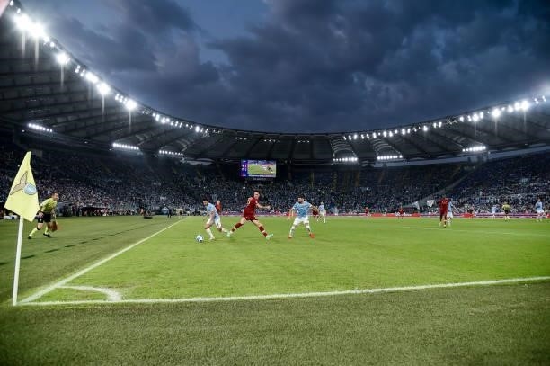 General view of Olympic Stadium while Pedro of SS Lazio challenges Nicolo' Zaniolo of AS Roma during the Serie A match between SS Lazio and AS Roma...