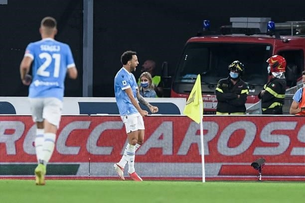 Felipe Anderson of SS Lazio celebrates after scoring third goal during the Serie A match between SS Lazio and AS Roma at Stadio Olimpico, Rome, Italy...