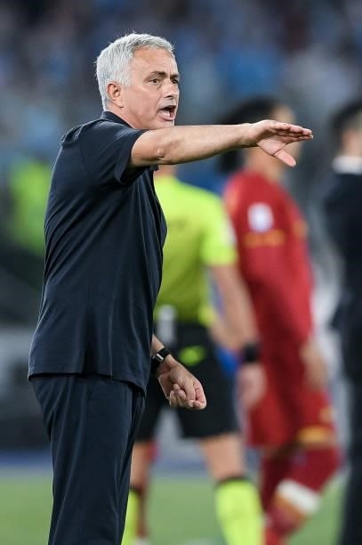 Jose' Mourinho manager of AS Roma gestures during the Serie A match between SS Lazio and AS Roma at Stadio Olimpico, Rome, Italy on 26 September 2021.