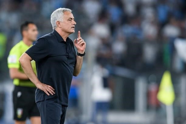 Jose Mourinho manager of AS Roma gestures during the Serie A match between SS Lazio and AS Roma at Stadio Olimpico, Rome, Italy on 26 September 2021.