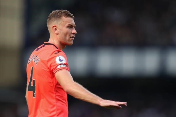 Ben Gibson of Norwich City during the Premier League match between Everton and Norwich City at Goodison Park on September 25, 2021 in Liverpool,...