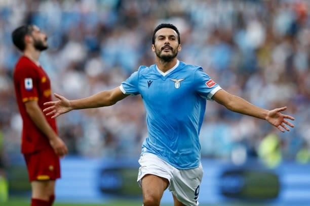 Pedro of SS Lazio celebrates after scoring his team's second goal during the Serie A match between SS Lazio and AS Roma at Stadio Olimpico on...