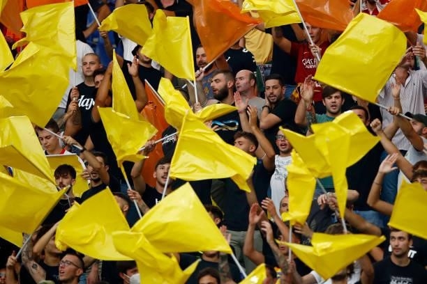 Roma supporters during the Serie A match between SS Lazio and AS Roma at Stadio Olimpico on September 26, 2021 in Rome, Italy.