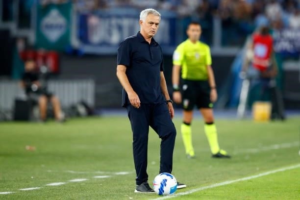 Jose Mourinho Head Coach of AS Roma gestures during the Serie A match between SS Lazio and AS Roma at Stadio Olimpico on September 26, 2021 in Rome,...