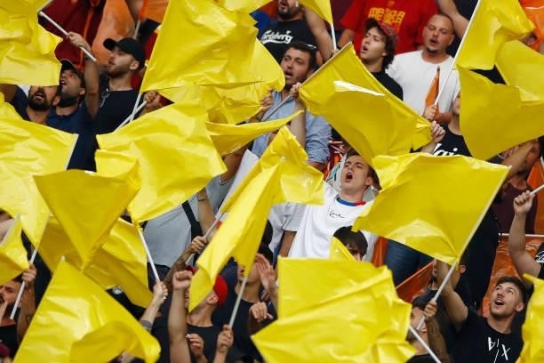 Roma supporters during the Serie A match between SS Lazio and AS Roma at Stadio Olimpico on September 26, 2021 in Rome, Italy.