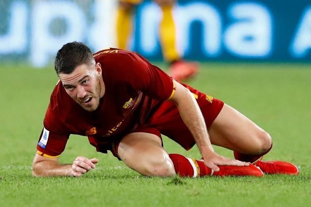 Jordan Veretout of AS Roma lies on the ground during the Serie A match between SS Lazio and AS Roma at Stadio Olimpico on September 26, 2021 in Rome,...