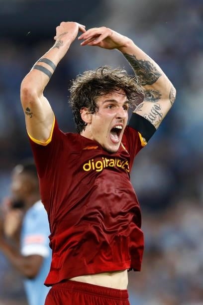 Nicolo Zaniolo of AS Roma gestures during the Serie A match between SS Lazio and AS Roma at Stadio Olimpico on September 26, 2021 in Rome, Italy.
