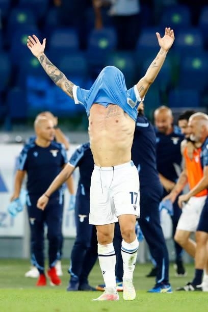 Ciro Immobile of SS Lazio celebrates after winning the Serie A match between SS Lazio and AS Roma at Stadio Olimpico on September 26, 2021 in Rome,...